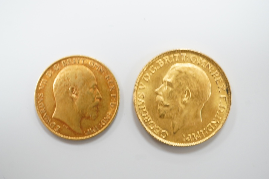 British gold coins, George V, gold sovereign, 1913P, good VF, and Edward VI, gold half sovereign 1907, fine